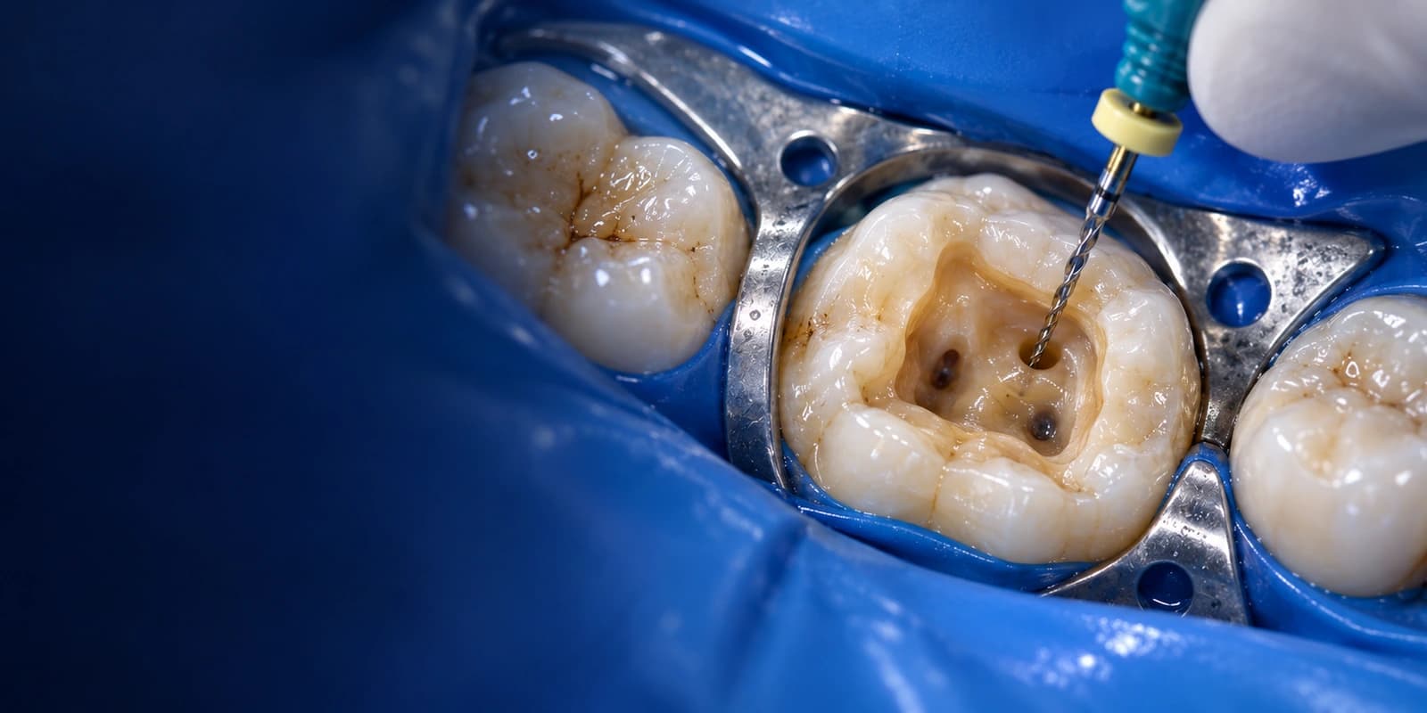Gros plan endodontique : molaire entre les dents voisines, sous digue, avec entrée de lime visible