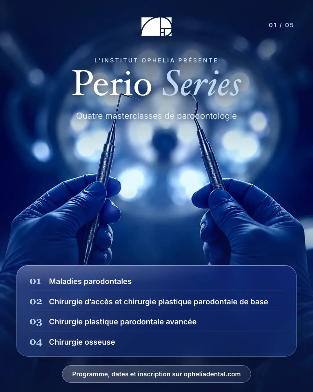Perio Series, quatre masterclasses de parodontologie : 01 Maladies parodontales ; 02 Chirurgie d'accès et chirurgie plastique parodontale de base ; 03 Chirurgie plastique parodontale avancée ; 04 Chirurgie osseuse