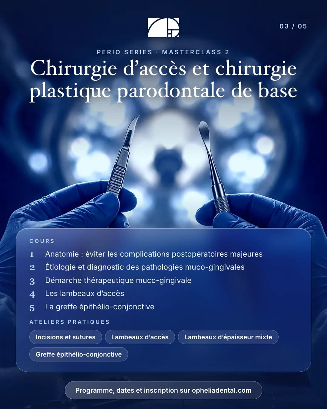 Masterclass 2, chirurgie d'accès et chirurgie plastique parodontale de base. Cours : anatomie et complications ; pathologies muco-gingivales, diagnostic et démarche thérapeutique ; lambeaux d'accès ; greffe épithélio-conjonctive. Ateliers : incisions et sutures, lambeaux d'accès, lambeaux d'épaisseur mixte, greffe épithélio-conjonctive