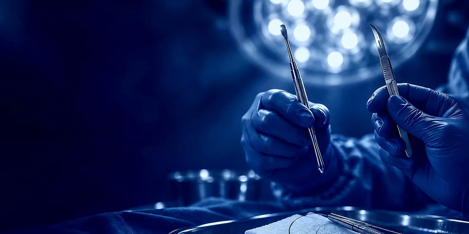 Deux mains gantées présentent un bistouri à lame 15C et un décolleur périosté, un kit de suture posé sur le champ opératoire