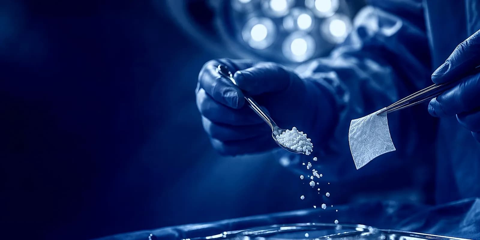 Une cuillère chirurgicale remplie de granules de substitut osseux et une membrane de collagène tenues par des mains gantées