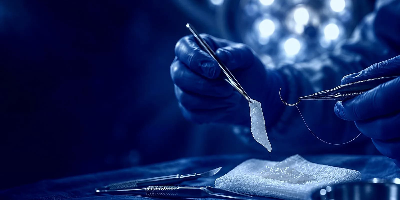 Une micro-précelle présente un greffon conjonctif au-dessus d'une compresse, un micro porte-aiguille tient un fil de suture très fin