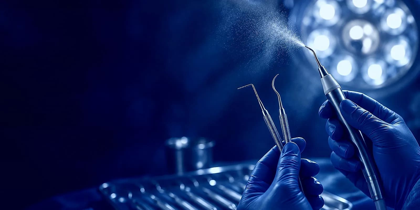 Une main gantée tient un insert d'ultrasons d'où s'échappe une fine brume d'eau, l'autre une sonde parodontale et une curette de Gracey, devant un plateau d'instruments