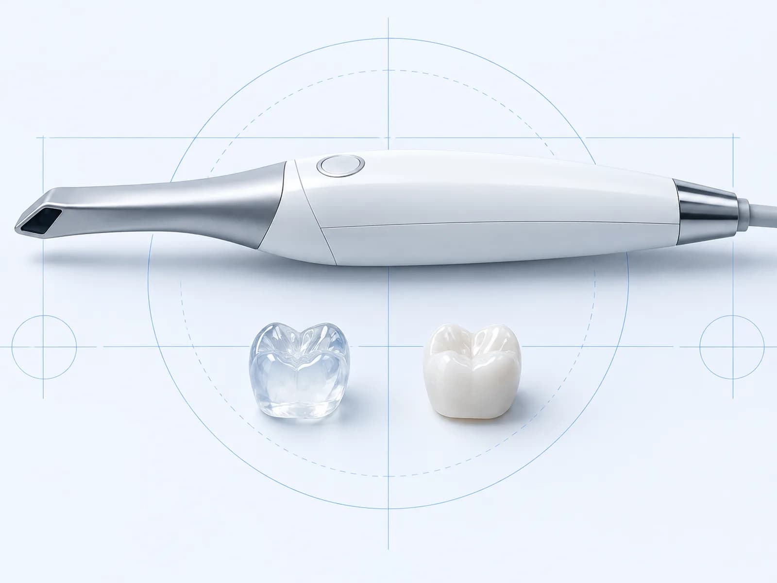 Scanner intra-oral, couronne imprimée en résine et couronne en céramique polie alignés