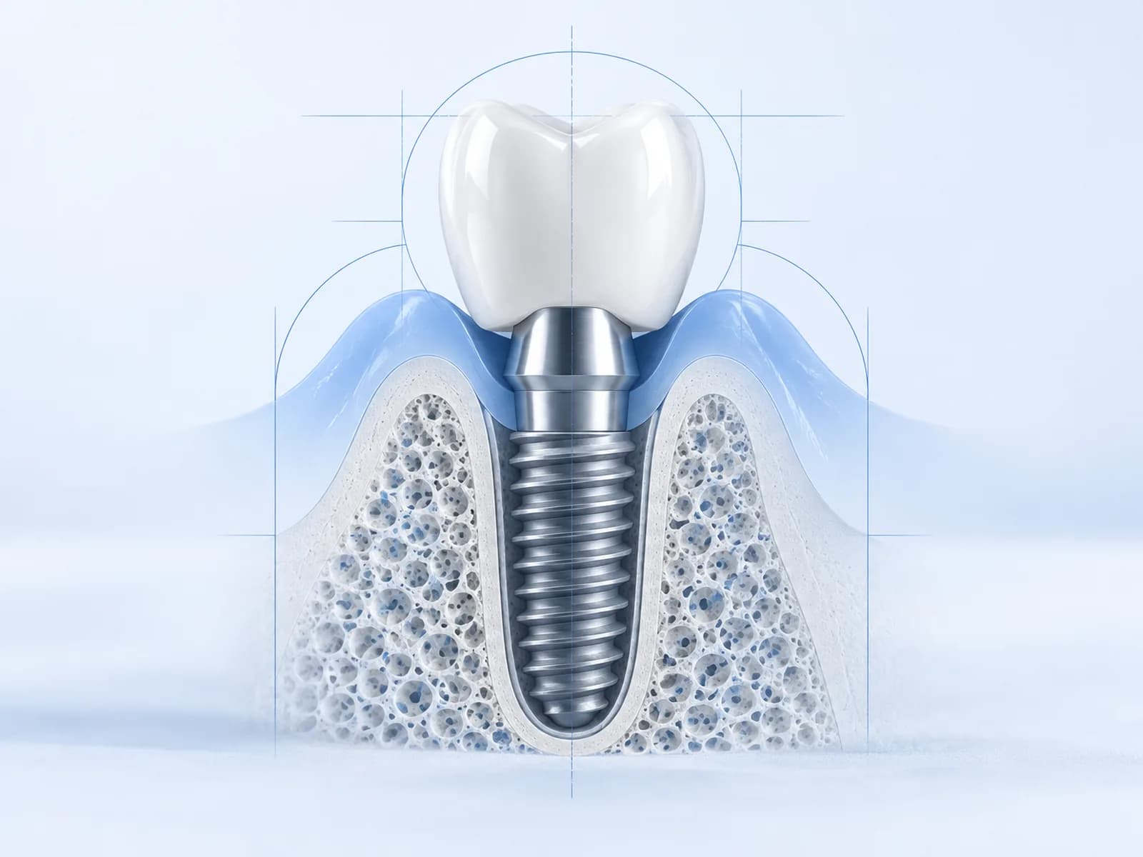 Coupe d'un implant posé dans l'os, surmonté de sa couronne