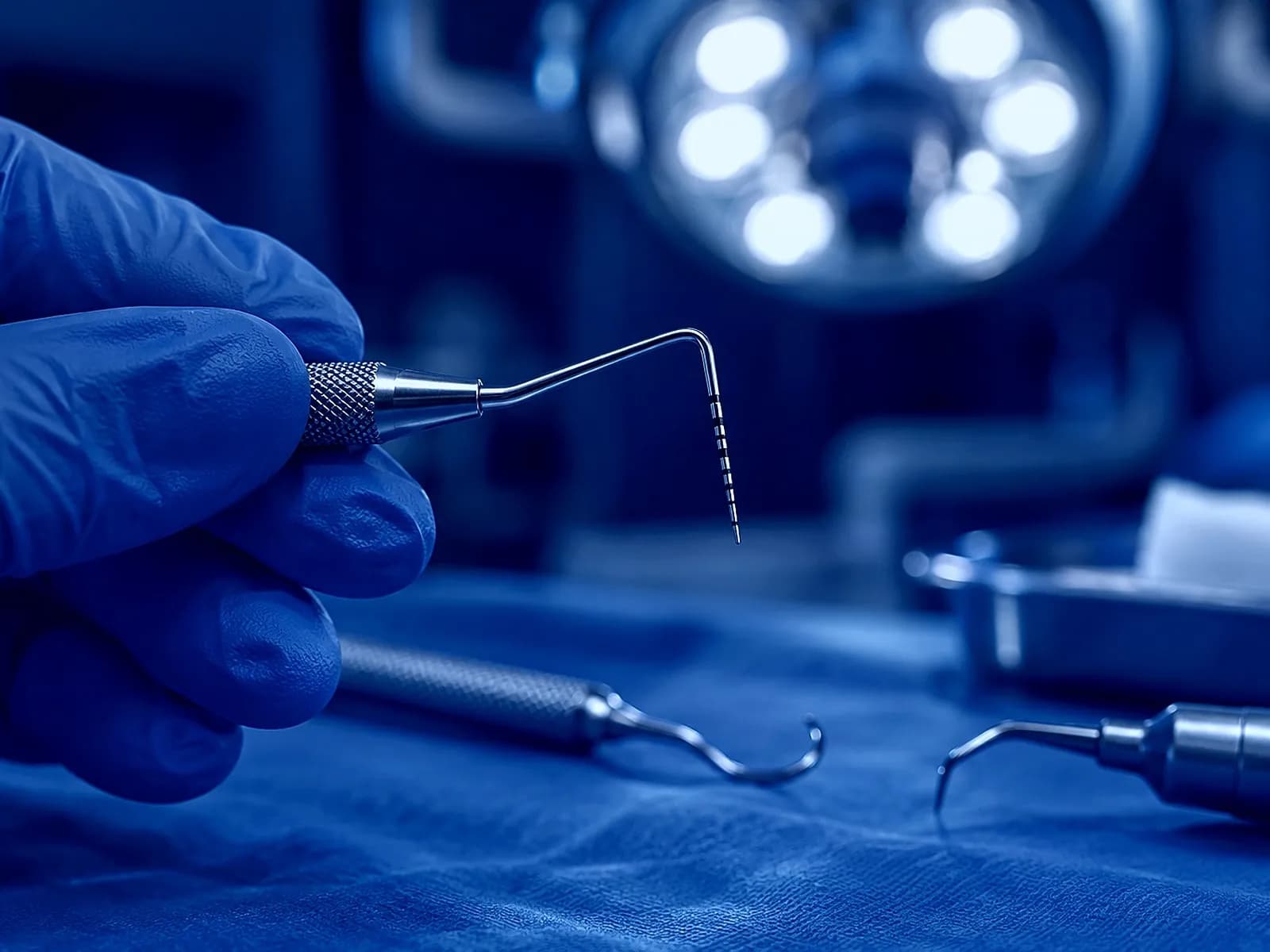 Une main gantée tient une sonde parodontale graduée ; une curette de Gracey et un insert d'ultrasons reposent sur le champ bleu