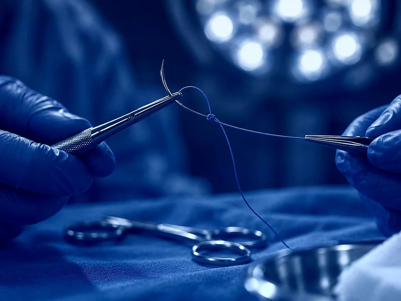 Un porte-aiguille et une précelle serrent un nœud de suture en fil bleu au-dessus du champ opératoire, ciseaux à suture posés