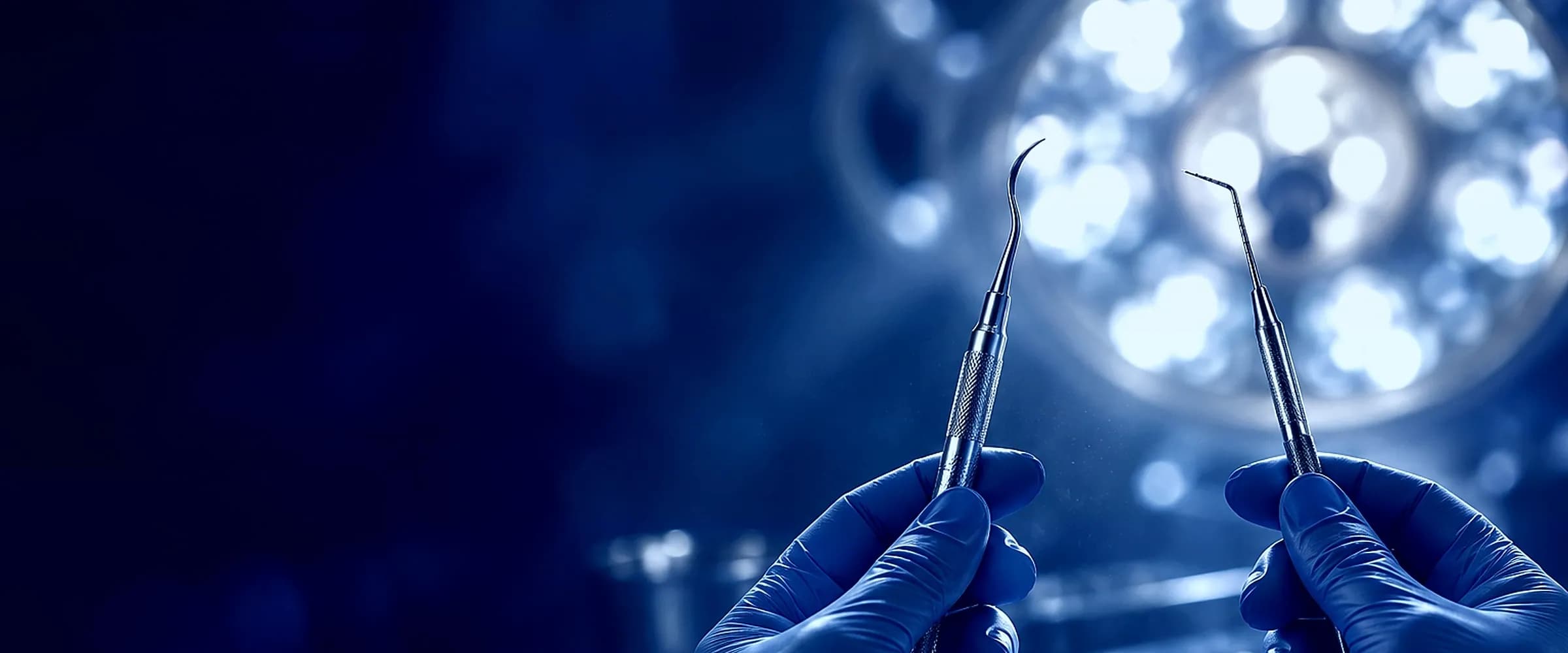 Deux mains gantées présentent une sonde parodontale graduée et une curette de Gracey sous le scialytique