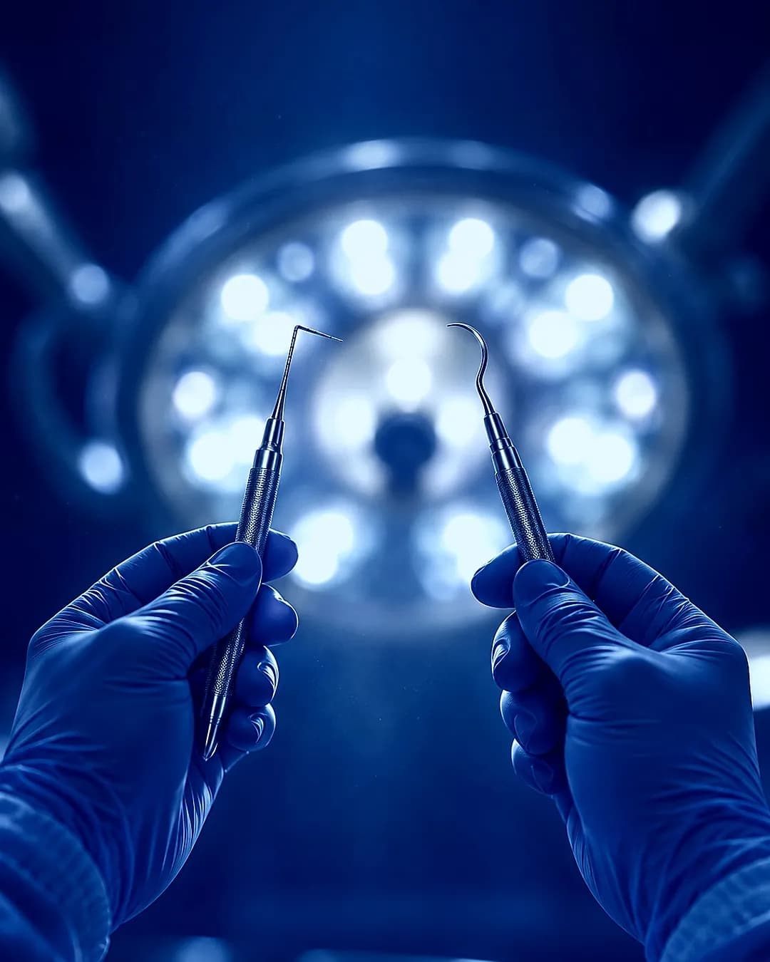 Deux mains gantées présentent une sonde parodontale graduée et une curette de Gracey sous le scialytique